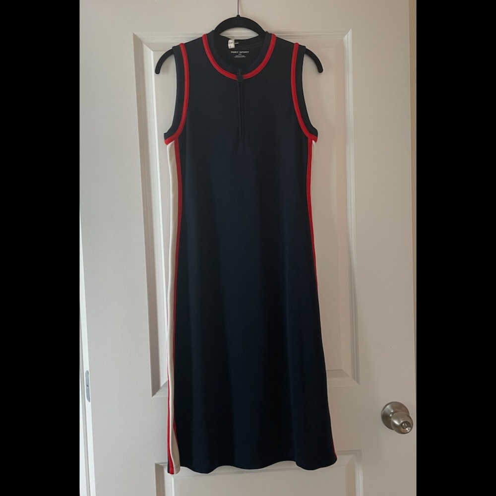 Tory Sport navy midi dress with red and white detail- size M